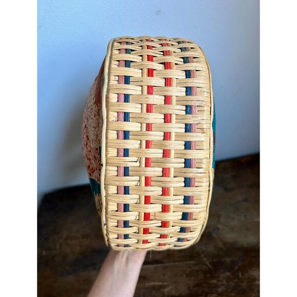 Vintage Rattan and Barkcloth Top Handle Purse | 70's Purse Handbag - Picture 9 of 9